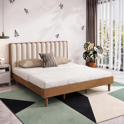 King Size Wood Bed with Piano Key Upholstered Headboard, Sturdy Frame