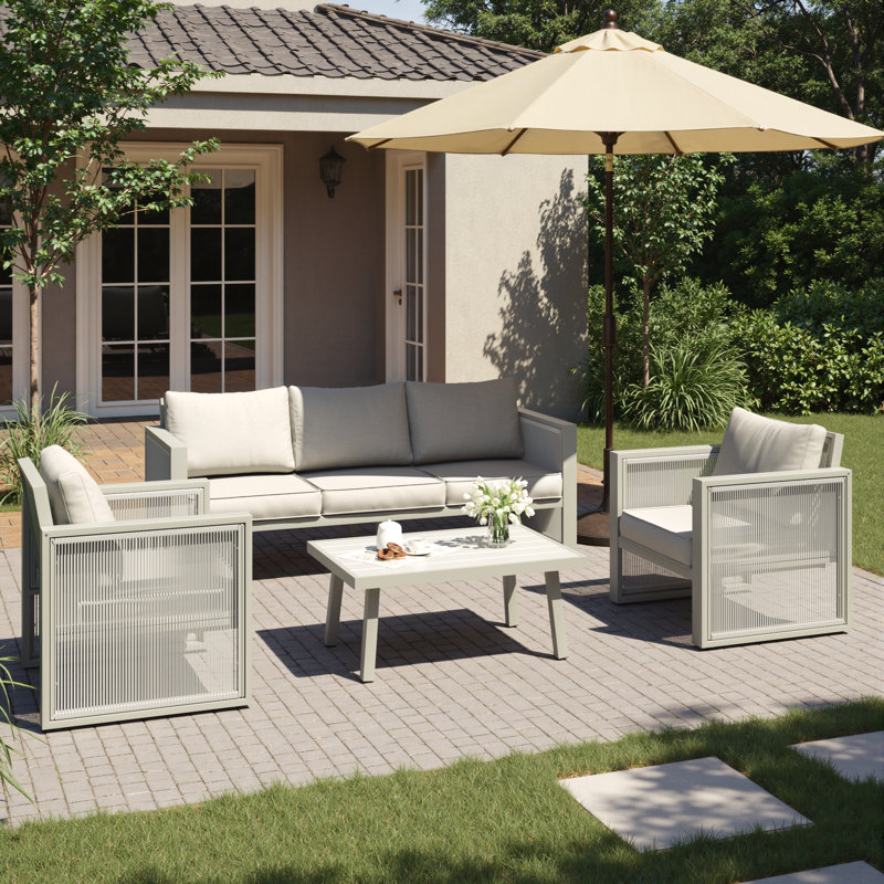 Harloe 5-Person Aluminum Patio Conversation Set With Cushions, Featuring Decorative Pull Cord Detailing