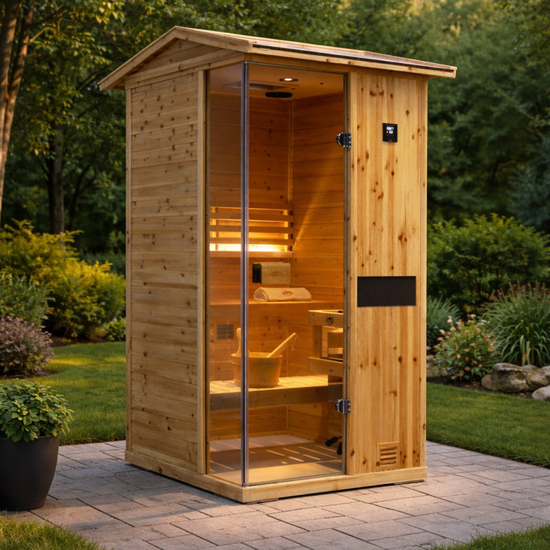 Samsora Outdoor Traditional Steam Sauna For 1Person 2500W, Negative Ion Board, Mid-Infrared Lamp, 95℉-230℉, Old Fir Wood, Bluetooth Speaker, with Sauna Heater and Sauna Stone