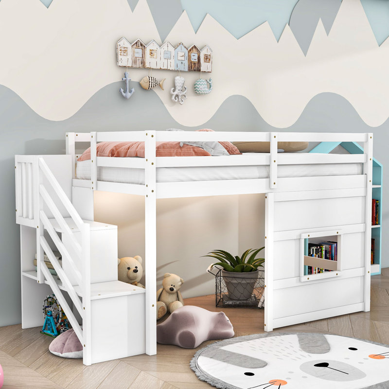 Jadi Twin Wooden Loft Bed with Staircase, White