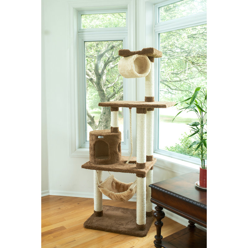 Tan Freestanding Cat Tree with Sisal Scratch Posts and Hammock
