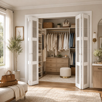 Double Bifold Doors 48"x80" , 3 Lite Tempered Frosted Glass Bi-Fold Closet Doors with Hardware Kit, Pre-Assembled White Folding Interior Doors, Easy Installati