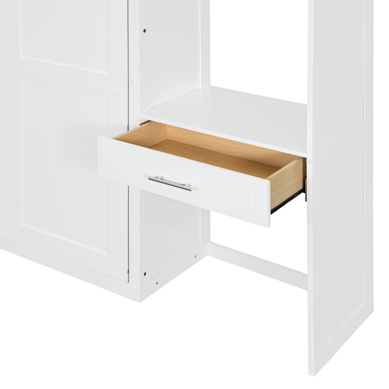 Lit escamotable mural avec bureau, armoire supérieure et tablettes de rangement, lit pliable peu encombrant, Grand lit, Blanc