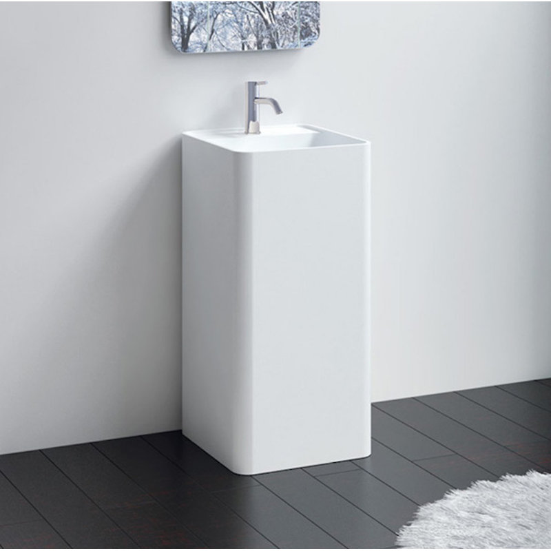 Badeloft Rectangular Stone Resin Freestanding Pedestal Bathroom Sink SB-02-A-G in Glossy White, Gloss White