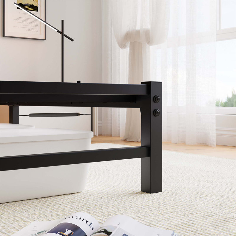 Queen Black Metal Bed Frame with Wooden Headboard and RGB Lights