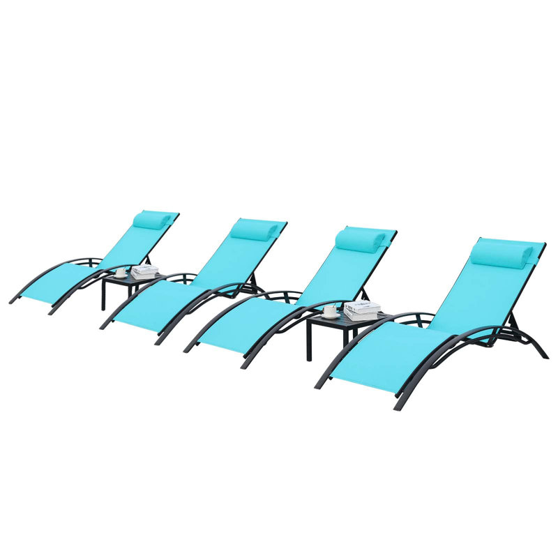 Melisa Poolchairs Patio Chaise Lounge Set With Headrest, 5-Level Adjustable Sunbathing Tanning Poolside Recliner Chairs With Side Table For Outdoor Beach 4 Chairs And 2 Tables