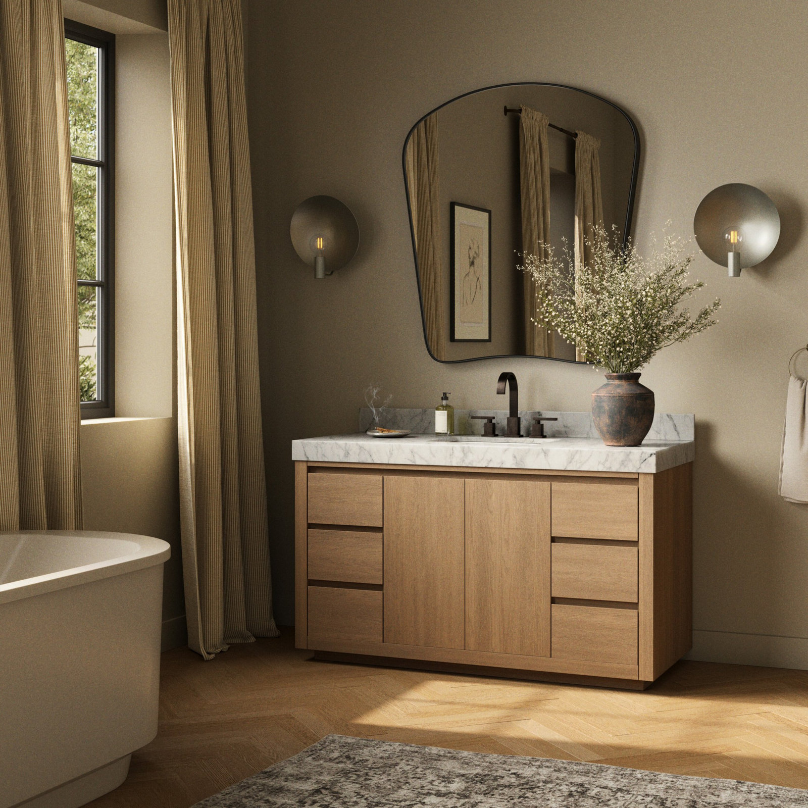 Oak Single Bathroom Vanity, Satin Light Wash Oak