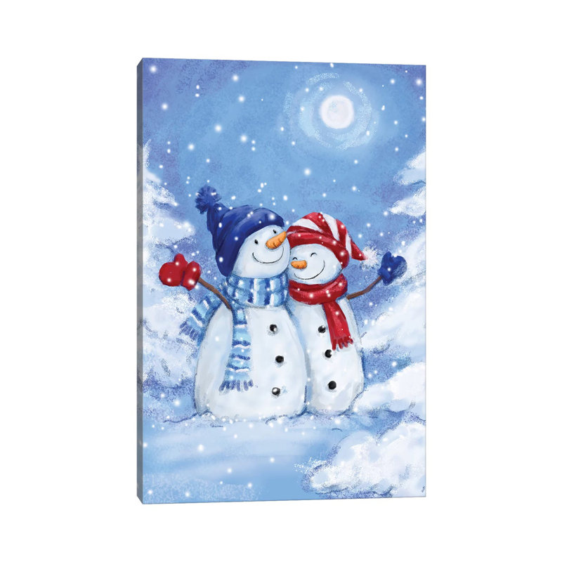 «Two Snowmen III» par Makiko - reproduction d'art sur toile tendue, H 18 po x l 12 po x 1,5 po