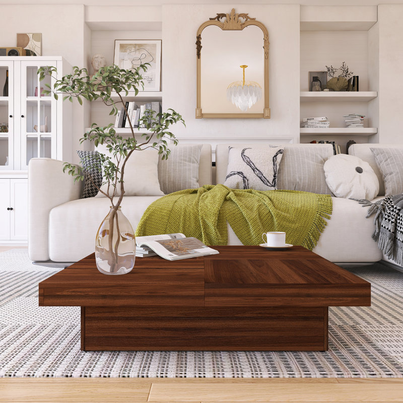 Table basse carrée en placage de marbre avec plateau coulissant et rangement