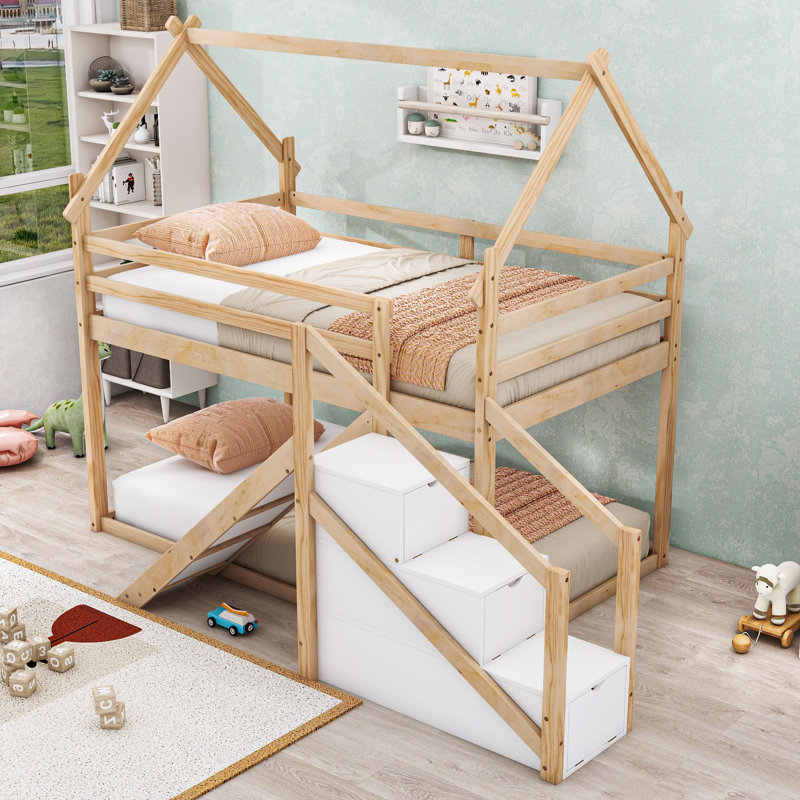 Wood Twin Over Twin Bunk Bed With Slide, Staircase And Storage, Natural