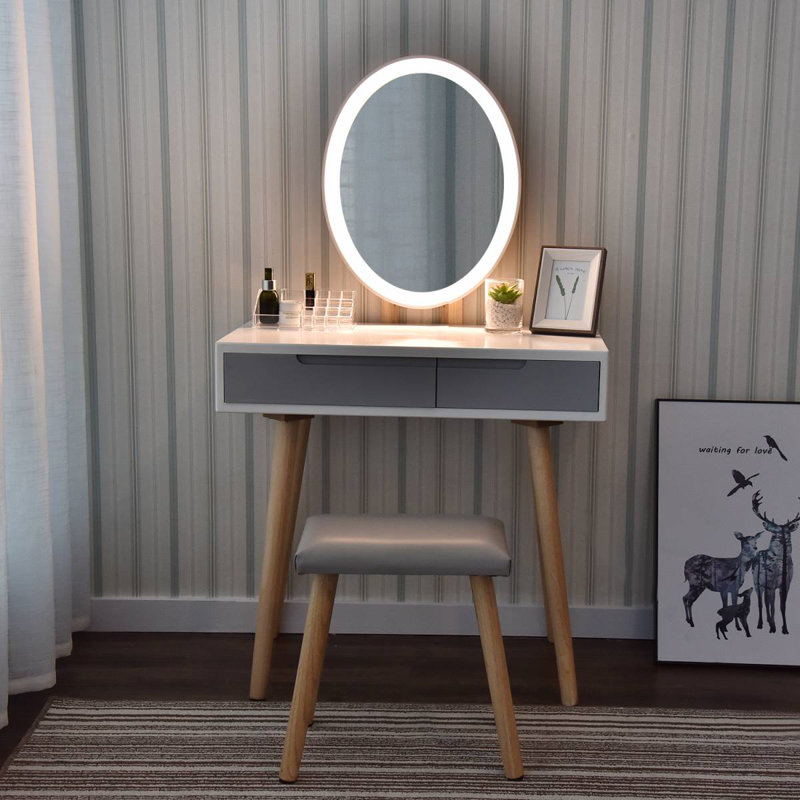 80CM Tabletop Led Dressing Table With Lighted Mirror, Makeup Vanity Desk With Stool And 2 Drawers
