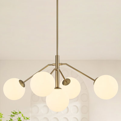 5- Light Modern Gold Sputnik Chandelier With White Glass Globe Shade For Kitchen Island Dining Room Living Room