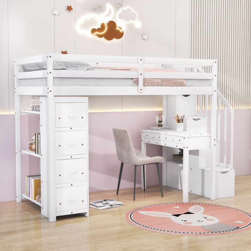 Graesen Kids Twin Loft Bed with Drawers, White