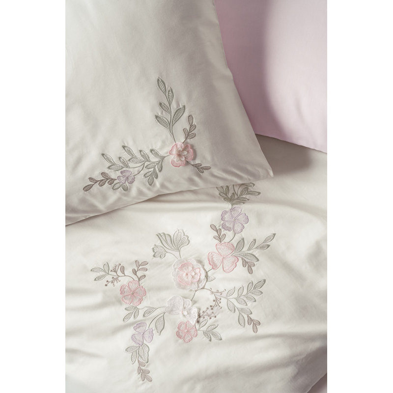 Luxury Satin Double Quilt Cover Set, 100% Cotton, Embroidered, Powder Color | Quilt Cover: 78.7 x 86.6 in, Flat Sheet: 94.5 x 102.4 in, 2 Pillowcases & 2 Oxford Pillowcases | Machine Washable, Elegant Design, 211 Thread Count