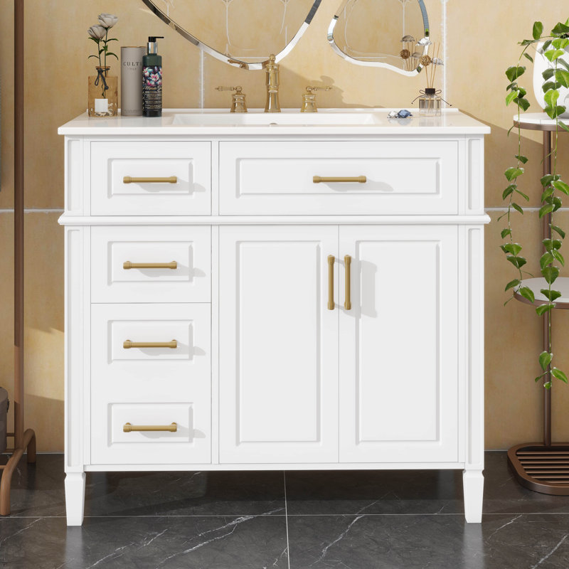 Meuble-lavabo de 36 pouces avec lavabo, meuble-lavabo simple avec quatre tiroirs (dont un tiroir rabattable), deux portes et une tablette réglable, armoire avec lavabo en céramique