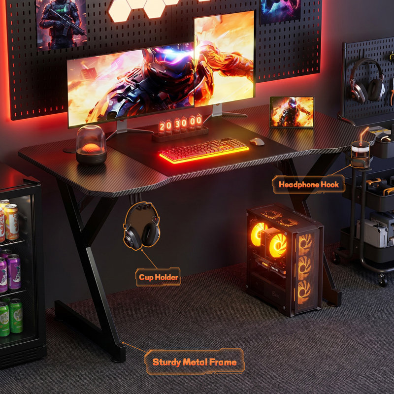 Y-Shaped Gaming Desk with Carbon Fiber Surface, Ergonomic Curved Computer Desk with Cup Holder, Headphone Hook and Cable Grommets, Black