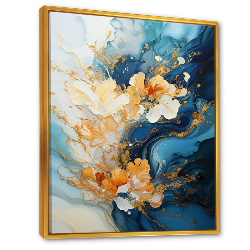 Floral, tempête bleue, charme, impression sur toile, H 44 po x l 34 po x P 1,5 po, Cadre flottant doré