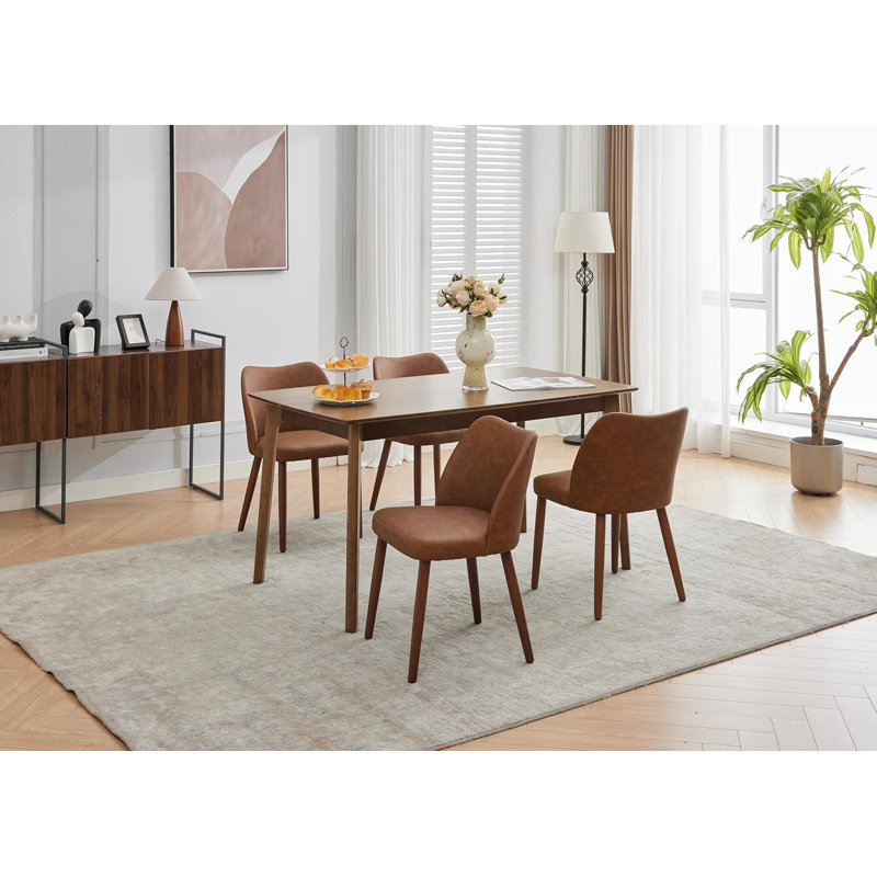 Upholstered Dining Chair with Wood Legs, Wing Backrest, Wooden Kitchen Chair with Thick Cushions, Brown
