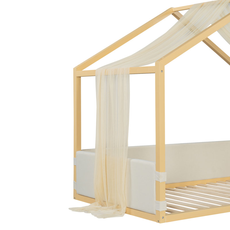 Lit simple à baldaquin avec panneaux latéraux rembourrés en velours, auvent en gaze respirante, base de lit plateforme à rembourrage doux, lit moderne à assemblage facile pour la chambre à coucher, chambre d'amis