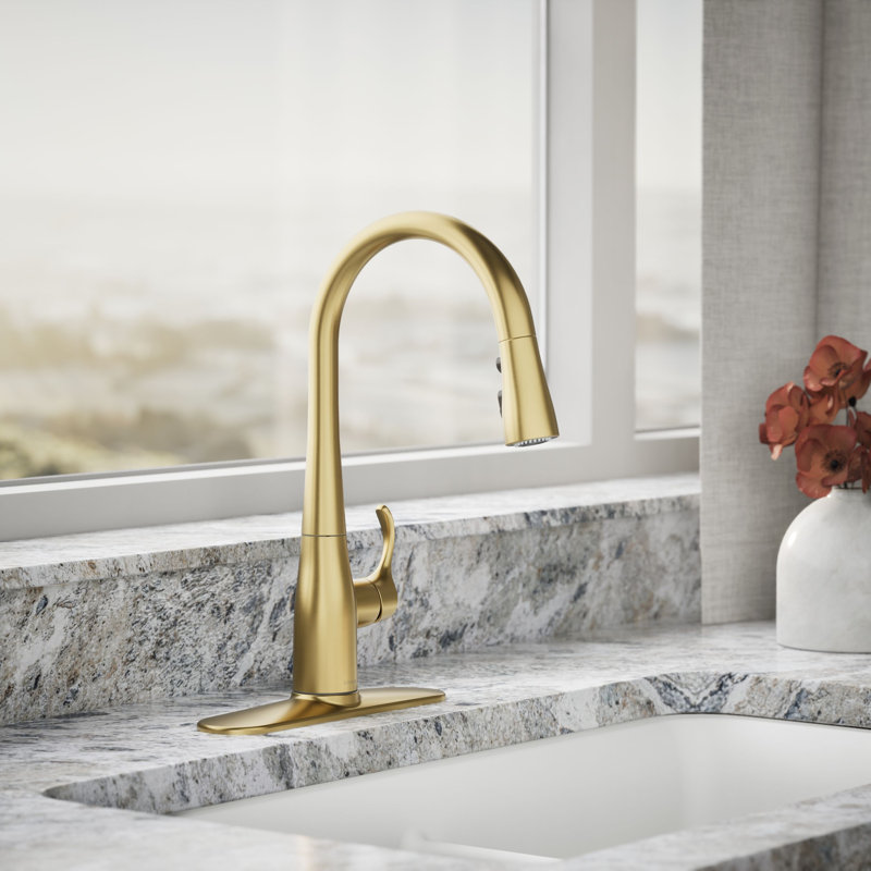 Simplice Single-Handle Pull Down Bar Sink Faucet with Three-Function Sprayhead, Vibrant Brushed Moderne Brass
