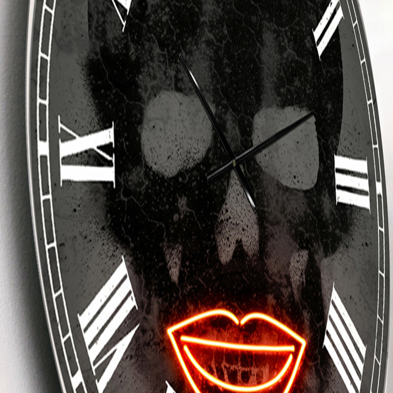 Souriant, crâne de néon et lèvres rouges - grande horloge murale moderne, Petit