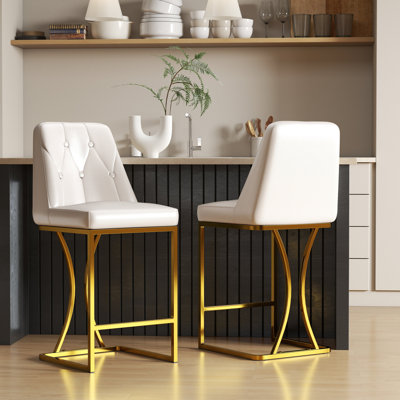 Tabouret de comptoir rembourré en cuir H 25,25 po avec base en acier doré