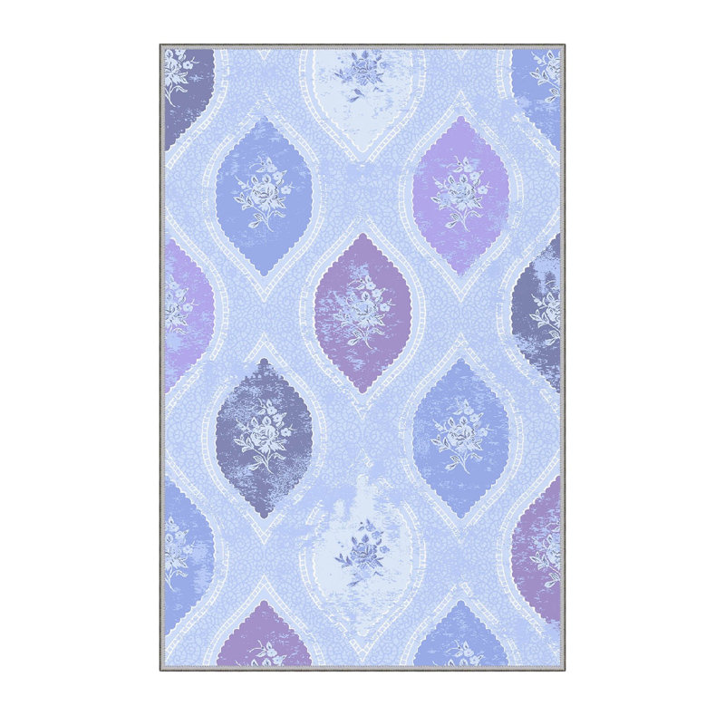 Tapis bleu / mauve / gris rectangulaire en polyester tissé à plat à la machine 4 pi 7 po x 7 pi 3 po