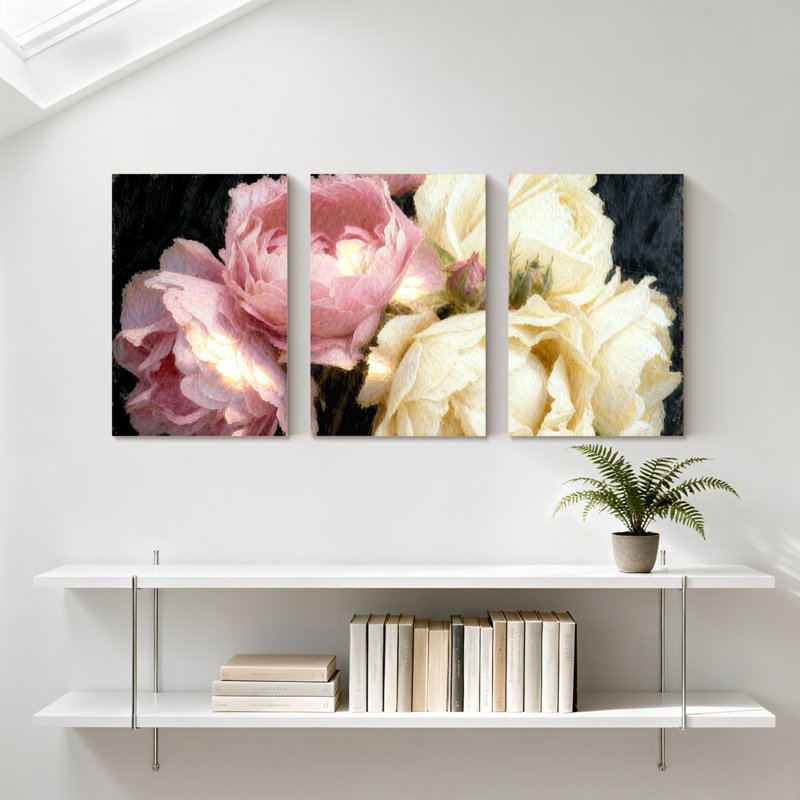 Pivoine roses et blanches sur fond noir, ensemble de 3 impressions sur toile, H 36 po x l 72 po