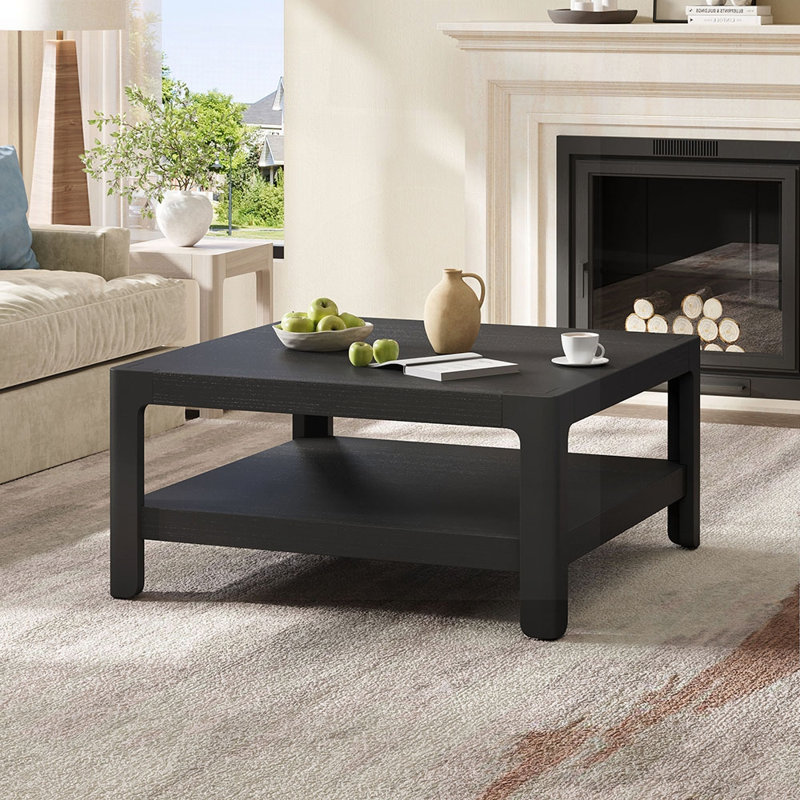 Table basse Modern Farmhouse avec profil arrondi doux, pour le salon et le salon, finition grain de bois naturel, Noir