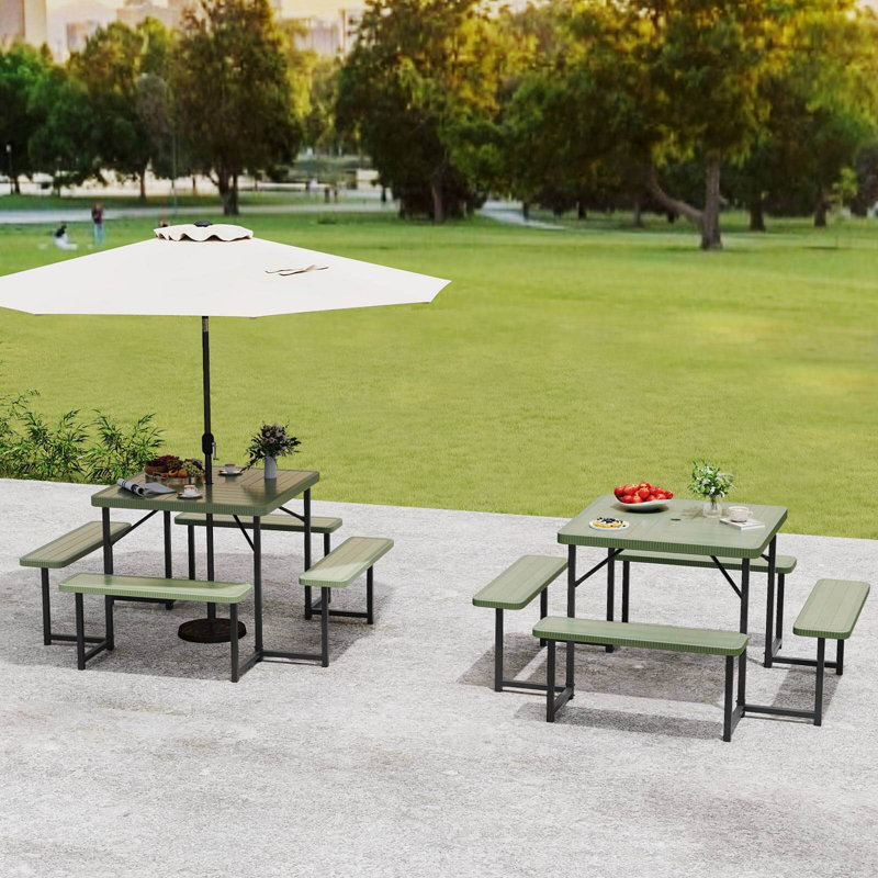 Picnic Table Bench Set For 4-8 People With Umbrella Hole All-weather Hdpe Tabletop White, Green