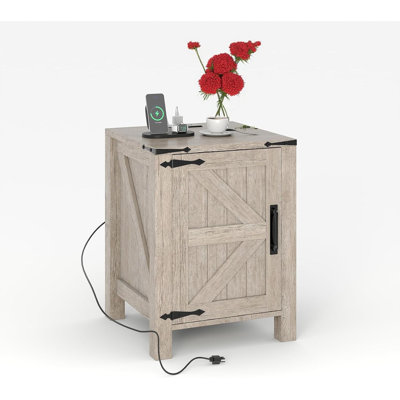 Bedside Table with USB Charging Station – 18" Rustic Bedside Table with Sliding Barn Door, Adjustable Shelf, Two-Tier Storage – Bedroom or Living Room