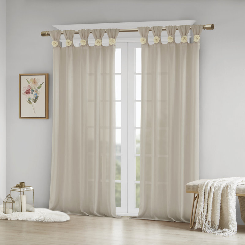 Rosette Linen Floral Embellished Cuff Tab Top Solid Single 50x63" Curtain Panel, 50"W x 63"L, Linen