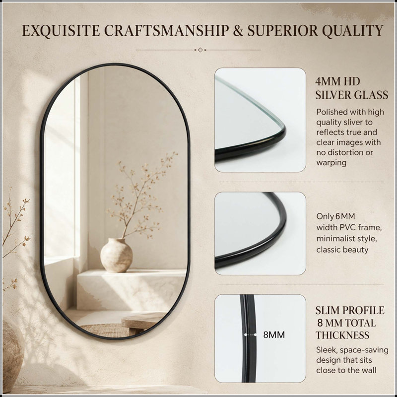 Oval Bathroom Mirror with Black PVC Frame (18x40 inch)