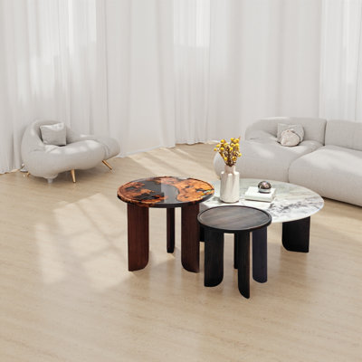 3-Piece Round Nesting Coffee Table Set Marble, Resin  Wood Top Modern Living Room Accent