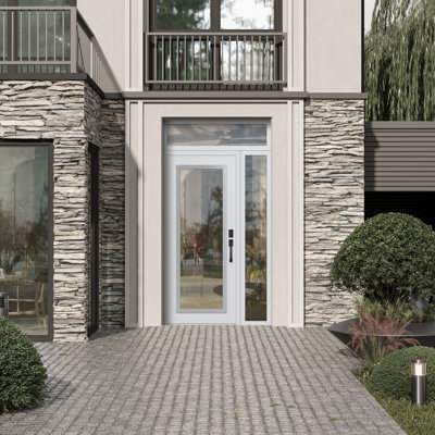C1 Panel Silver Steel White/White With Sidelite And Transom Prehung Front Entry Door