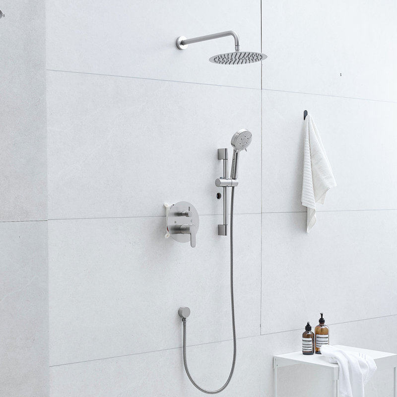 Système de douche de 10 pouces, ensembles de robinets de douche à barre coulissante, pommes de douche rondes complètes et combiné de douche à main 5 jets, robinet mural noir mat