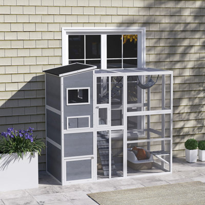 Catio Outdoor Cat Enclosure, 76" Large Wooden Cat House with 4 Tier Resting Rooms, 3 Platforms, 1 Soft Ladder, 2 Ramps, 1 Hammock,