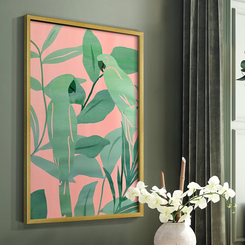 «Pink and Green Birds of Paradise II», reproduction encadrée - bois massif, H 28 po x l 22 po