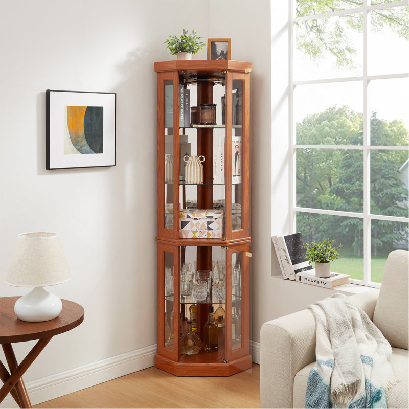 Lighted Corner Curio Cabinet - Display Case For Living Room, Antique Collectibles, Wine & Bar Glass Storage - Elegant Corner Design With Lights Included-Dark OAK