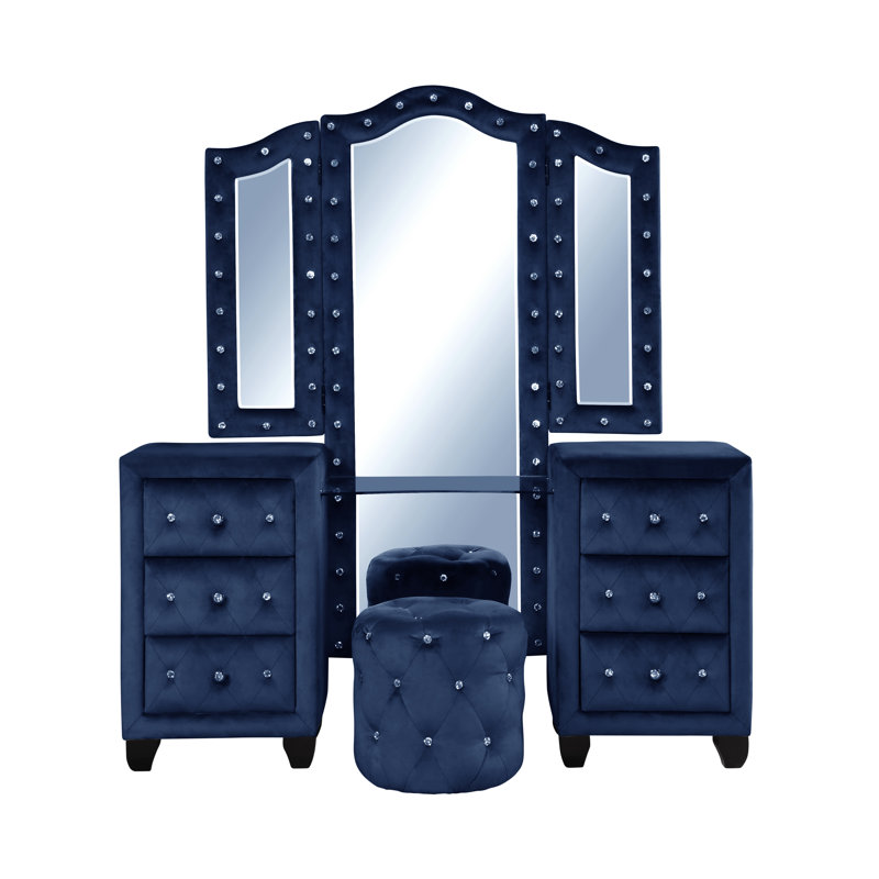 Ensemble coiffeuse avec tabouret et miroir Rausch, Bleu