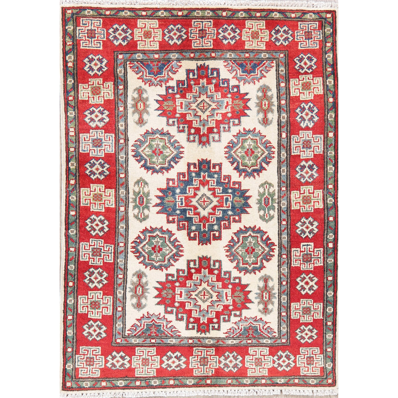 Tapis unique en laine noué à la main style Kazak des années 2010 de 2 pi 8 po x 3 pi 9 po Mahema