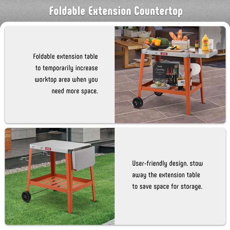 Orange Stainless Steel Outdoor Grill Table Cart with Wheels