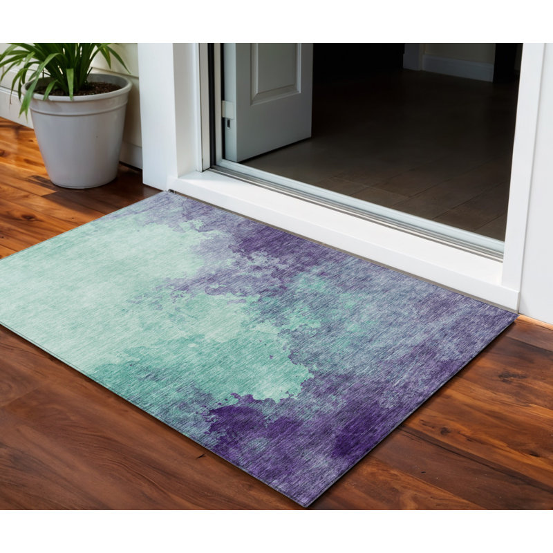 3' X 5' Blue And Purple Abstract Washable Indoor Outdoor Area Rug
