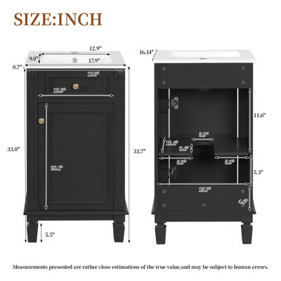 Meuble-lavabo de salle de bain de 45,7 cm (18 po) avec lavabo en céramique, meuble-lavabo simple sur pied avec porte à fermeture douce, étagère réglable, style français, noir