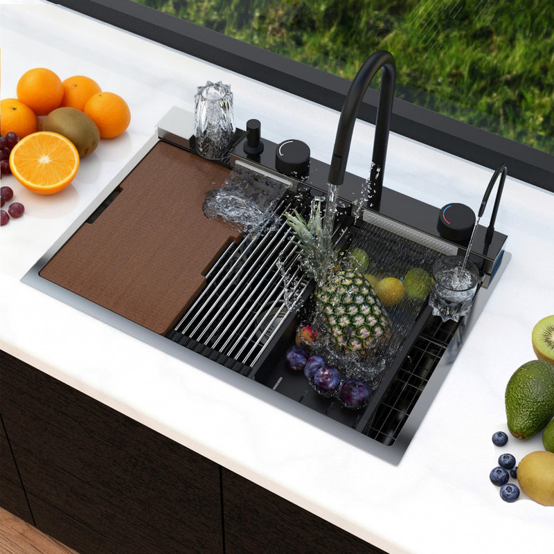 Évier de cuisine à cascade 33 po x 22 po, affichage numérique intelligent avec boutons de piano de luxe, cuve simple en acier inoxydable 304 de calibre 16 avec robinet et accessoires, évier de poste de travail multifonctionnel, conception en bronze à canon de 33 po x 22 po x 10 po