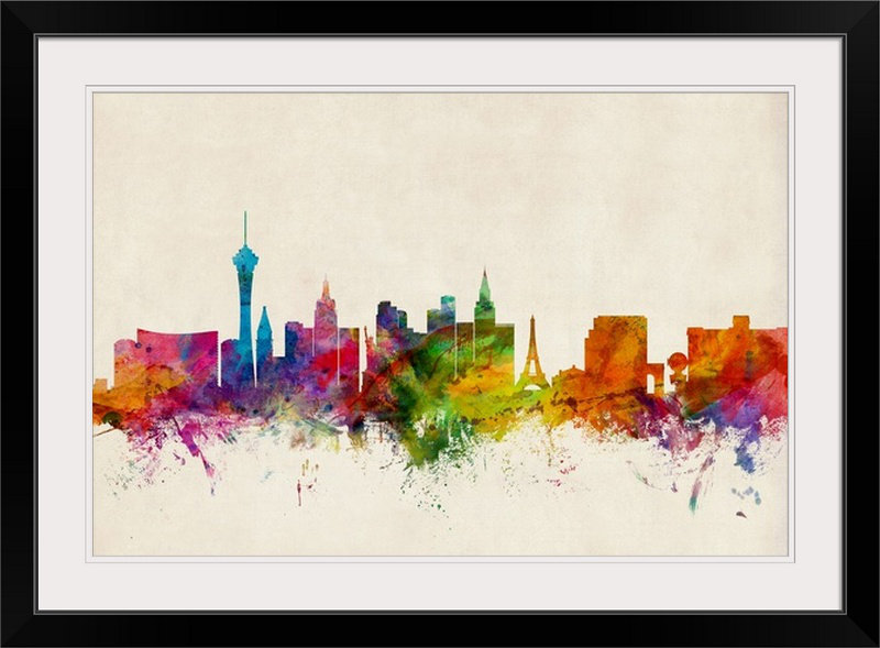 «Las Vegas Nevada Skyline» par Francy, impression, H 20 po x l 26 po x P 1 po, Cadre noir