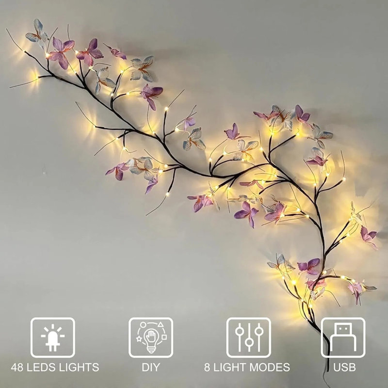 5.9ft 48led Warm White Vine Light With Butterfly – 8 Light Modes Enchanted Wall Decoration, For Indoor Home Bedroom/living Room Wall Decor Essential
