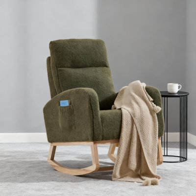 Chaise berçante d'appoint moderne (pieds en bois massif) - Fauteuil oscillant avec dossier haut et poche latérale | Salon / chambre à coucher, vert