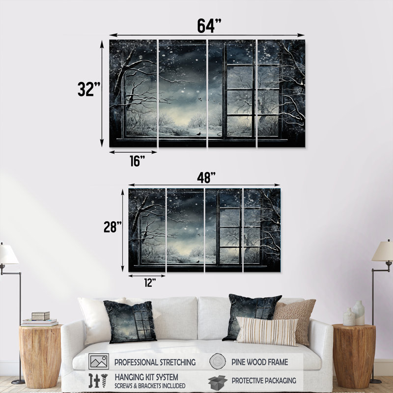 «Midnight Gothic Winter Window View II - Winter Landscape», ensemble de 4 pièces d'art mural, H 28 po x l 48 po