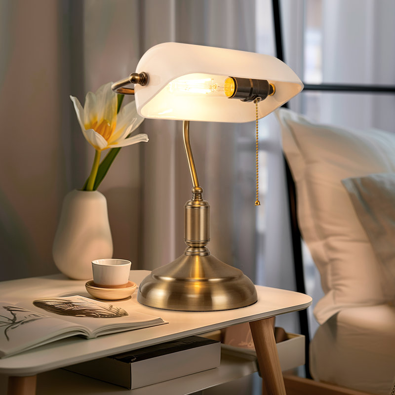 Lampe de banquier en verre noir avec garniture dorée et interrupteur à chaîne, lumière de bureau réglable pour bureau, bibliothèque ou bureau